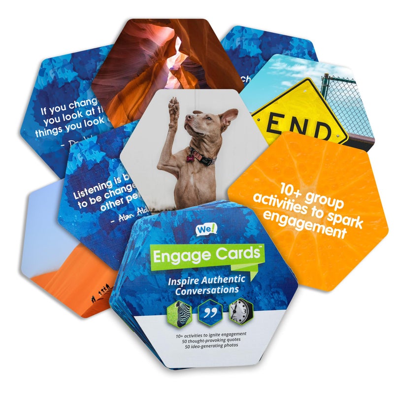 We! Engage Cards - Conversation Cards to Build Trust & Connection - 56 Inspiring Pieces with Quotes, Photos, & Activities - Ideal for Office Meetings, Ice Breakers, and Educational Team Building - Image 1